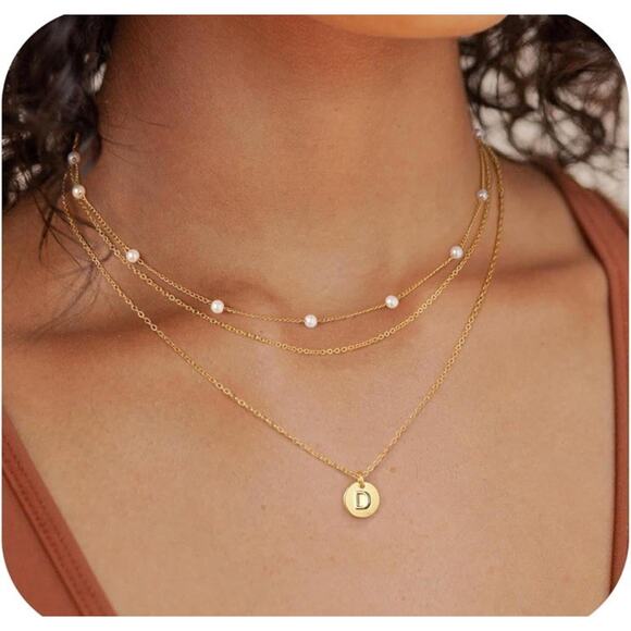 Layered Pearl Necklaces for Women - Initial Necklaces, Dainty Gold Letter D I3 - Picture 1 of 4